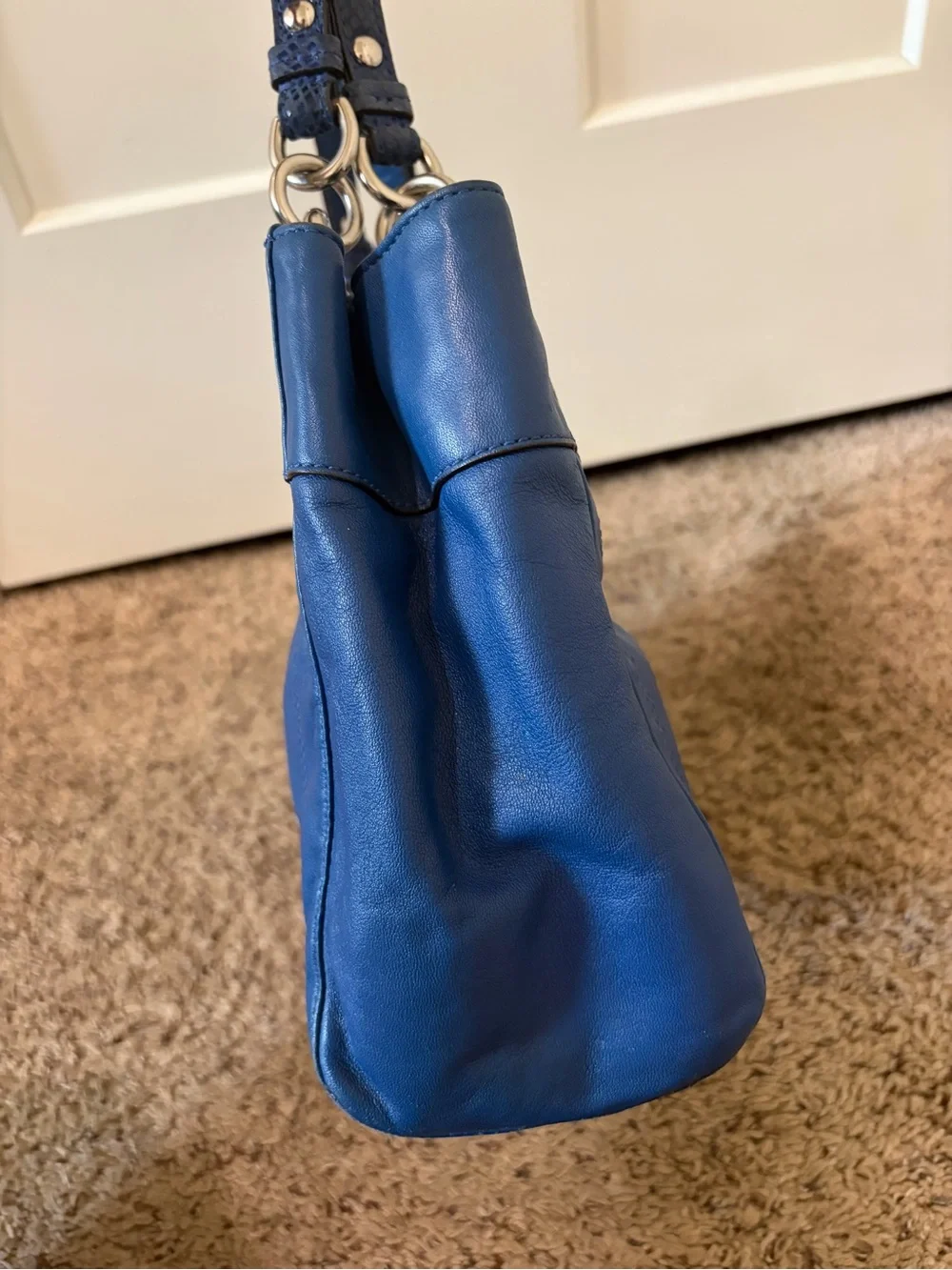 Coach Penelope Cobalt Blue Leather Tote Bag Snakeskin Trim EUC